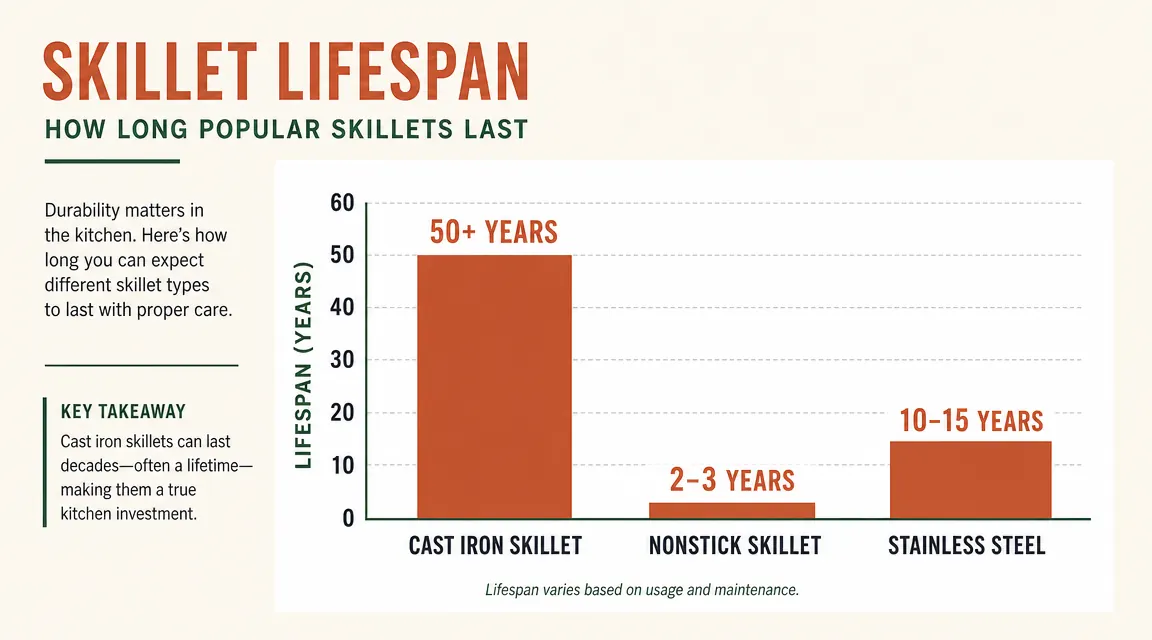 Side-by-side chart comparing cast iron lifespan versus nonstick pan lifespan over 10 years
