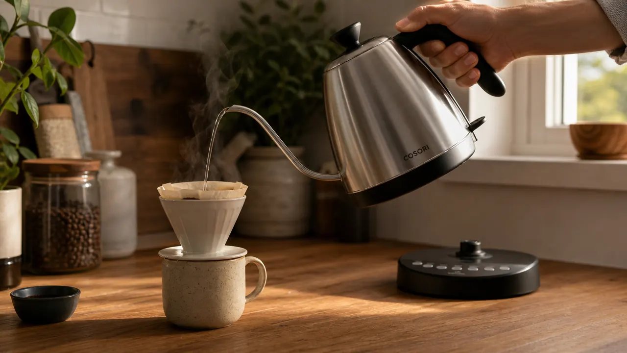 Hand pouring hot water from the Cosori electric kettle into a pour-over coffee dripper