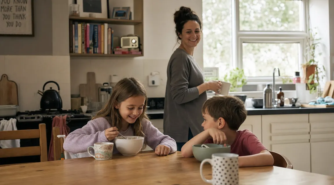 Family kitchen scene with mom and kids having morning drinks, electric kettle in background
