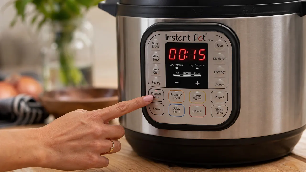 Hand pressing the pressure cook button on the Instant Pot Duo control panel