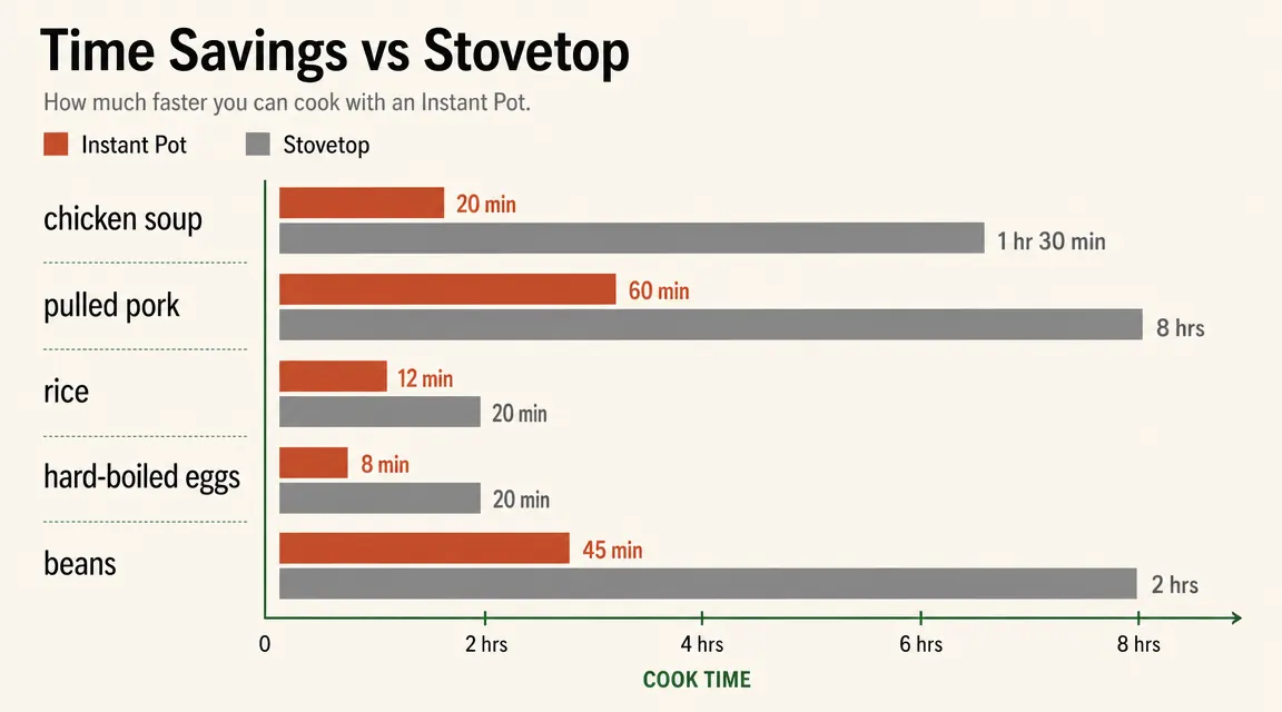 Comparison chart showing time savings between Instant Pot and stovetop cooking for common weeknight meals