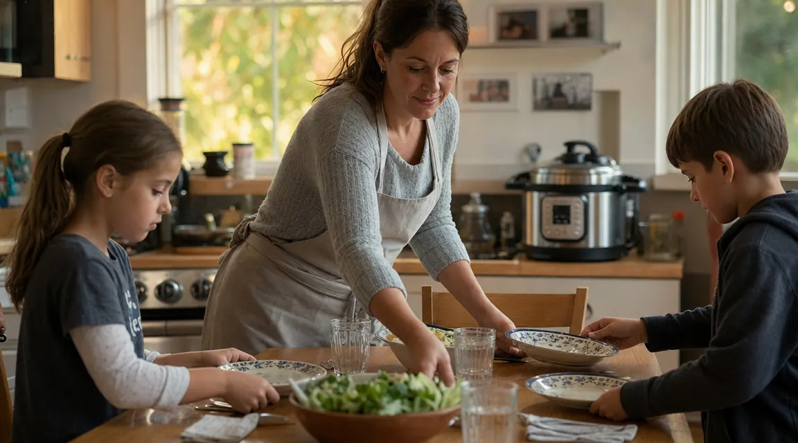 Mom and two kids setting the table while the Instant Pot finishes cooking in the background