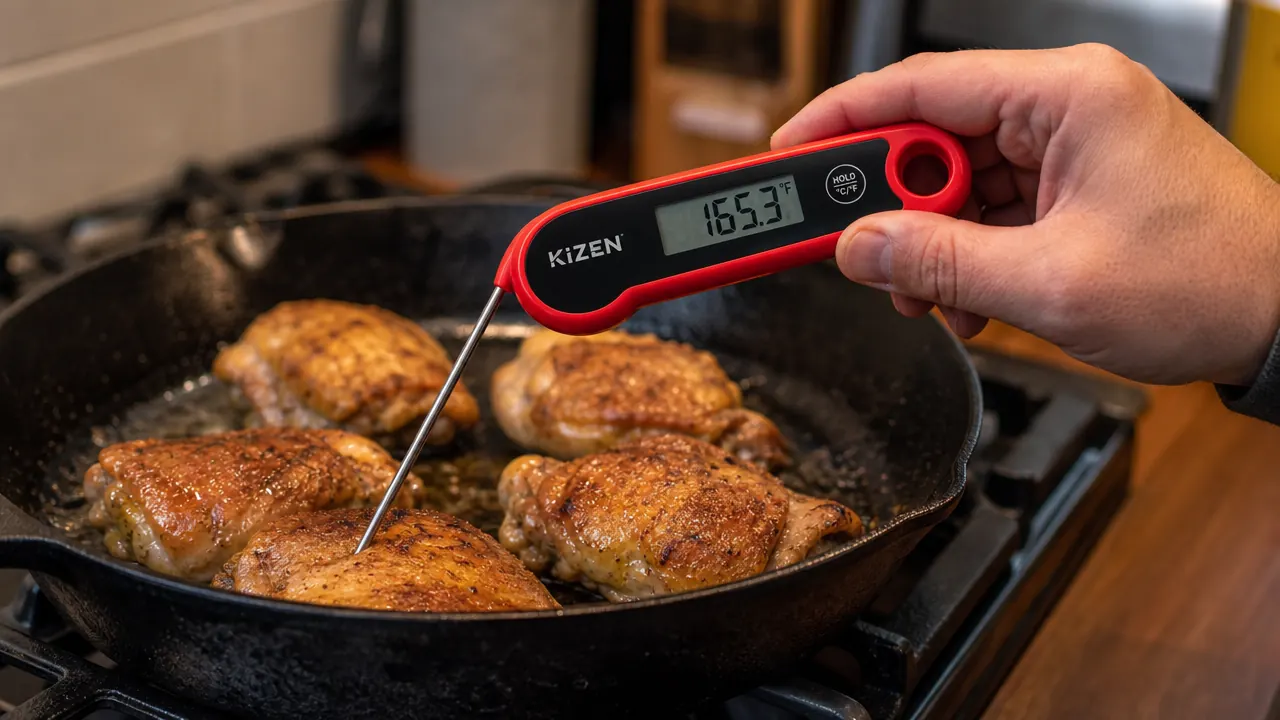 KIZEN instant read thermometer held in hand next to a sizzling cast iron skillet with pork chops