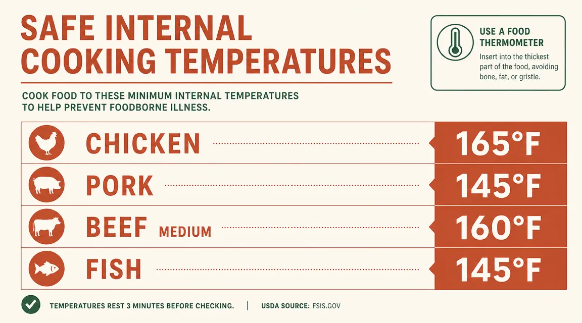 Chart showing safe internal temperature targets for chicken, pork, beef, and fish