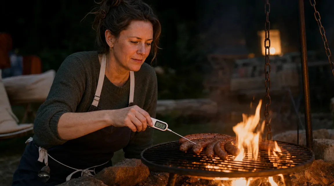 KIZEN thermometer being used outdoors at a campfire grill with sausages cooking over the flame