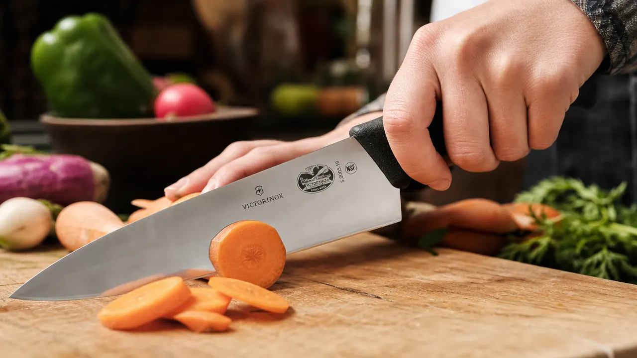 Hand gripping the Victorinox Fibrox Pro handle while slicing a carrot on a cutting board