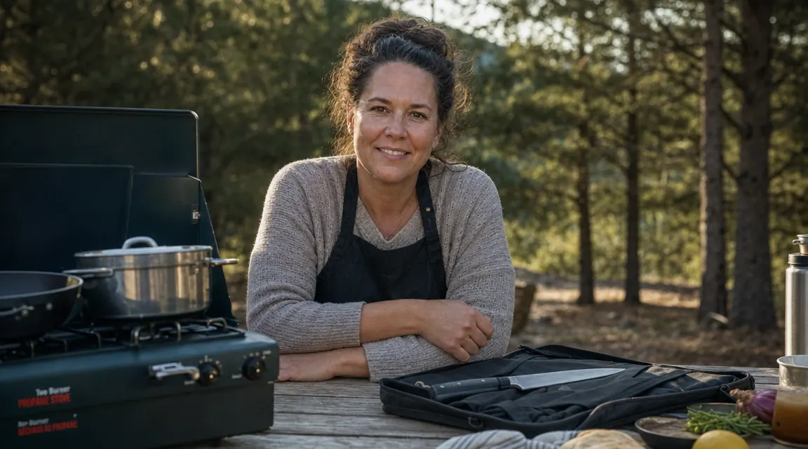 Victorinox Fibrox Pro packed inside a camping cook kit next to a small camp stove outdoors