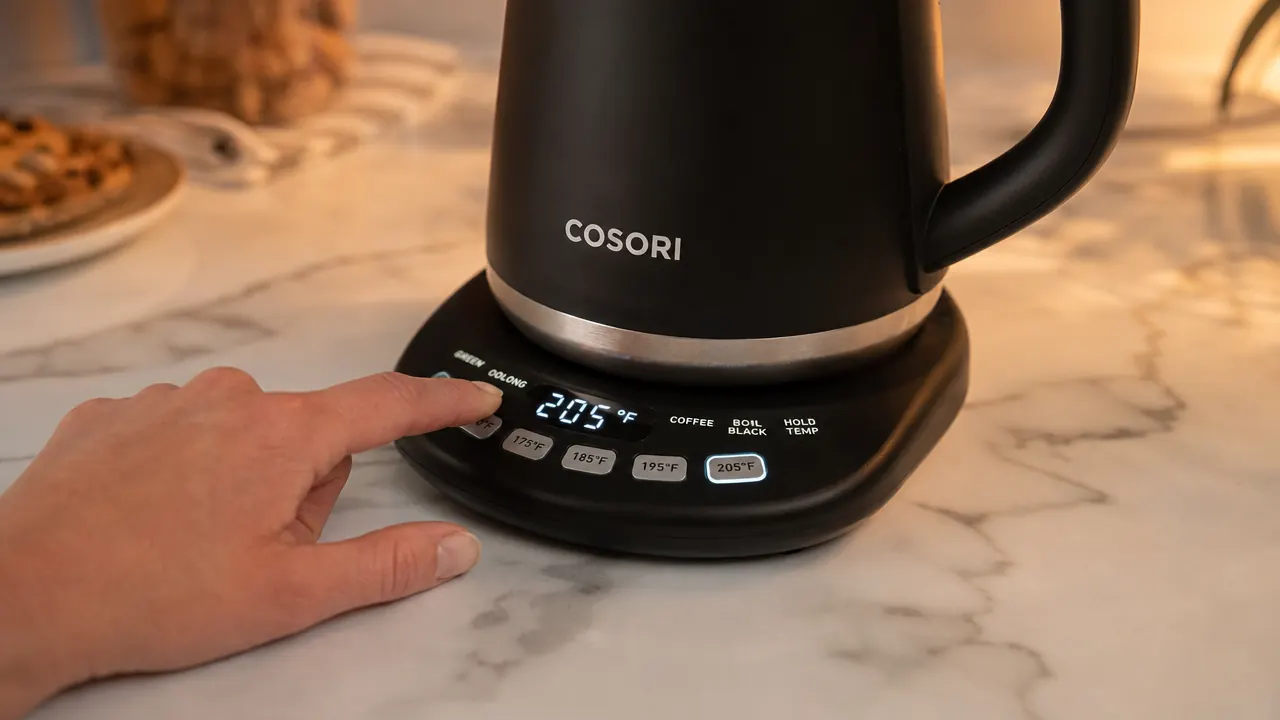 Hand pressing a preset button on the Cosori kettle touchscreen panel