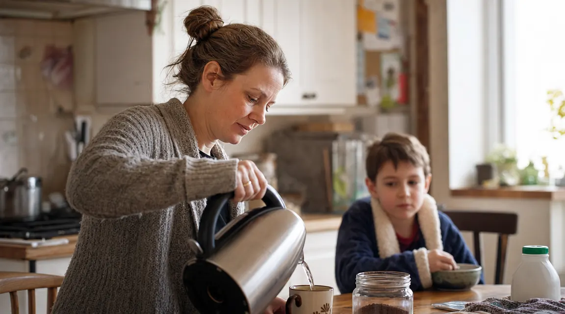 Mom pouring hot water from a Cosori kettle into a cup of herbal tea while a child waits at the table