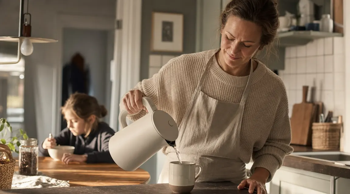 Mom pouring hot water from an electric kettle into a mug while a child eats breakfast at the kitchen table in the background