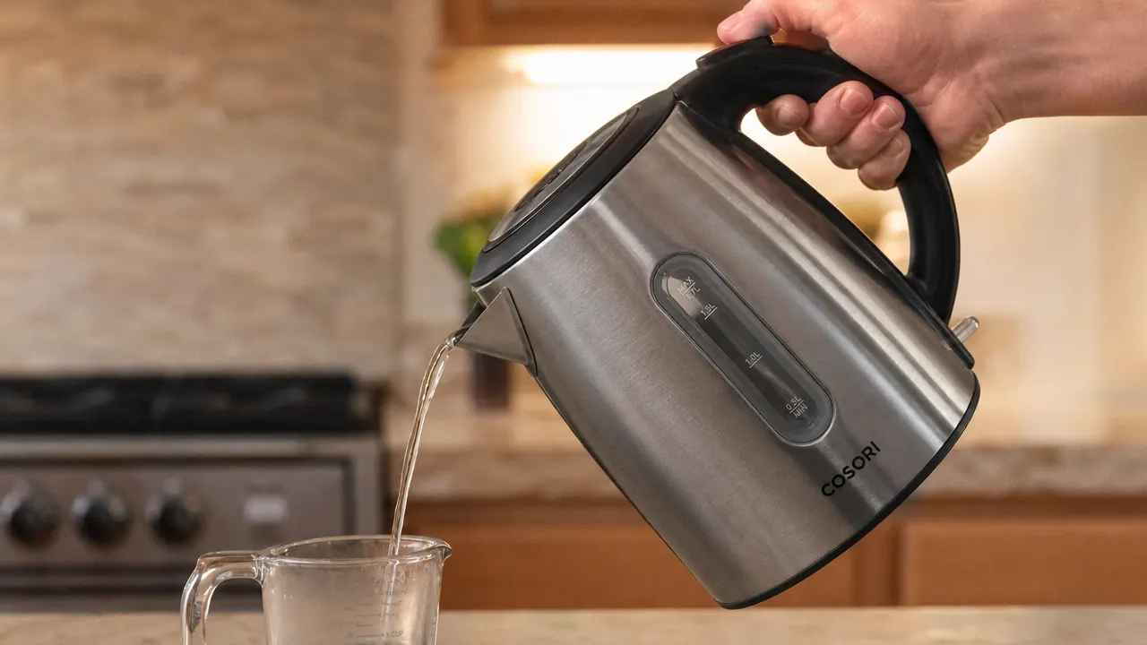 Hand pouring hot water from the Cosori electric kettle into a pour-over coffee cone