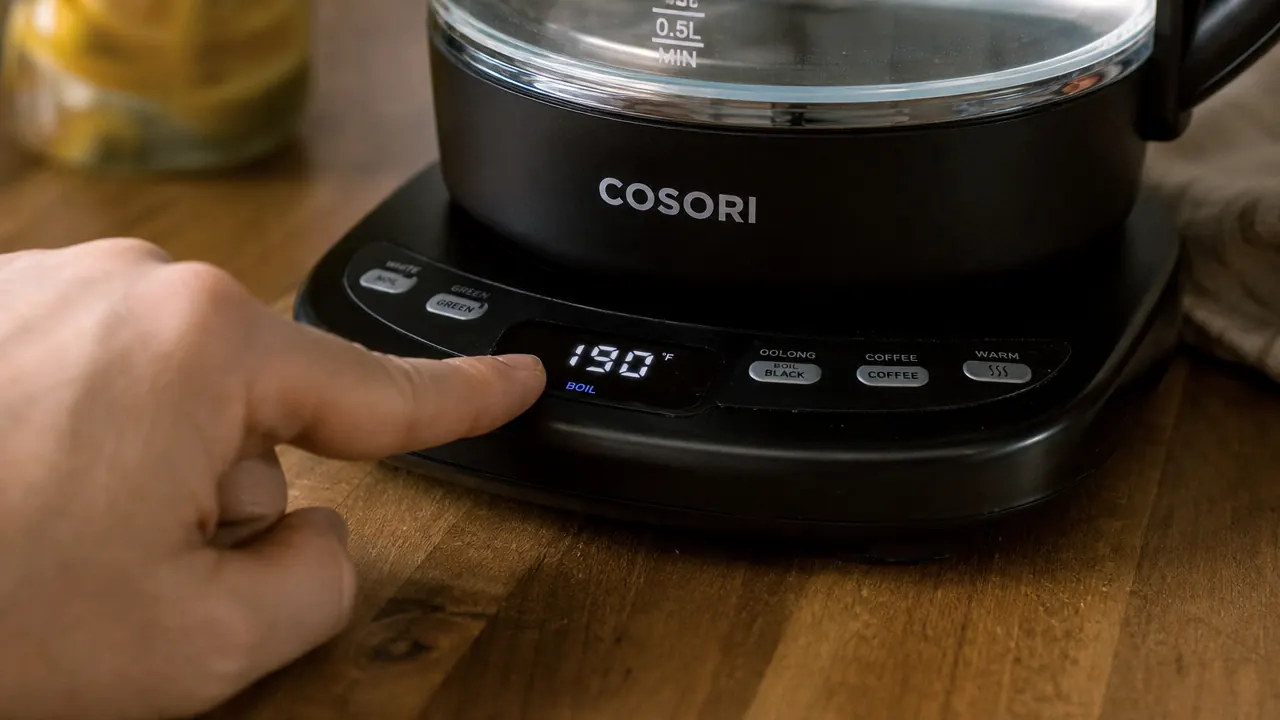 Close-up of the Cosori kettle digital display showing a selected temperature of 205 degrees Fahrenheit