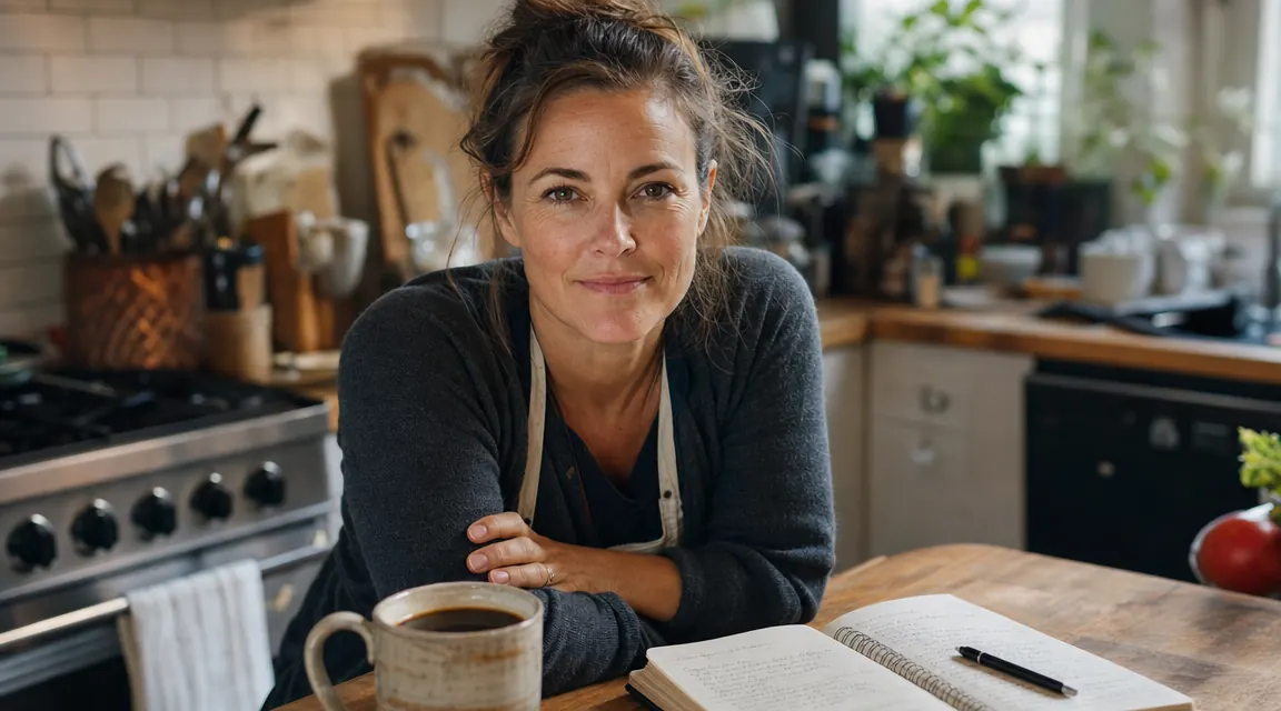 Morning kitchen scene with a mug of fresh coffee and an open notebook on the counter