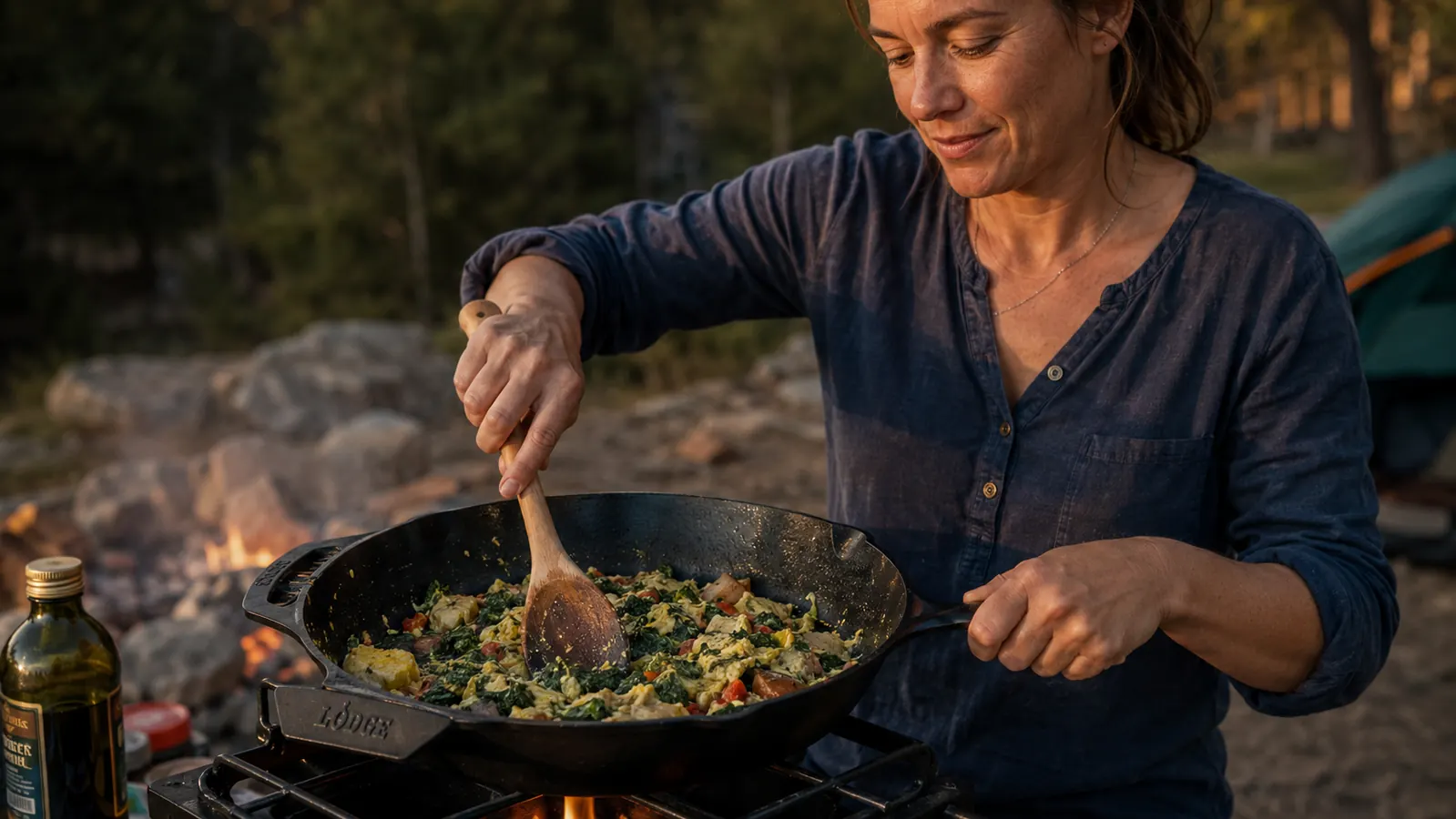 Woman's hands spooning scrambled eggs from a Lodge cast iron skillet at a picnic table with a camping mug nearby