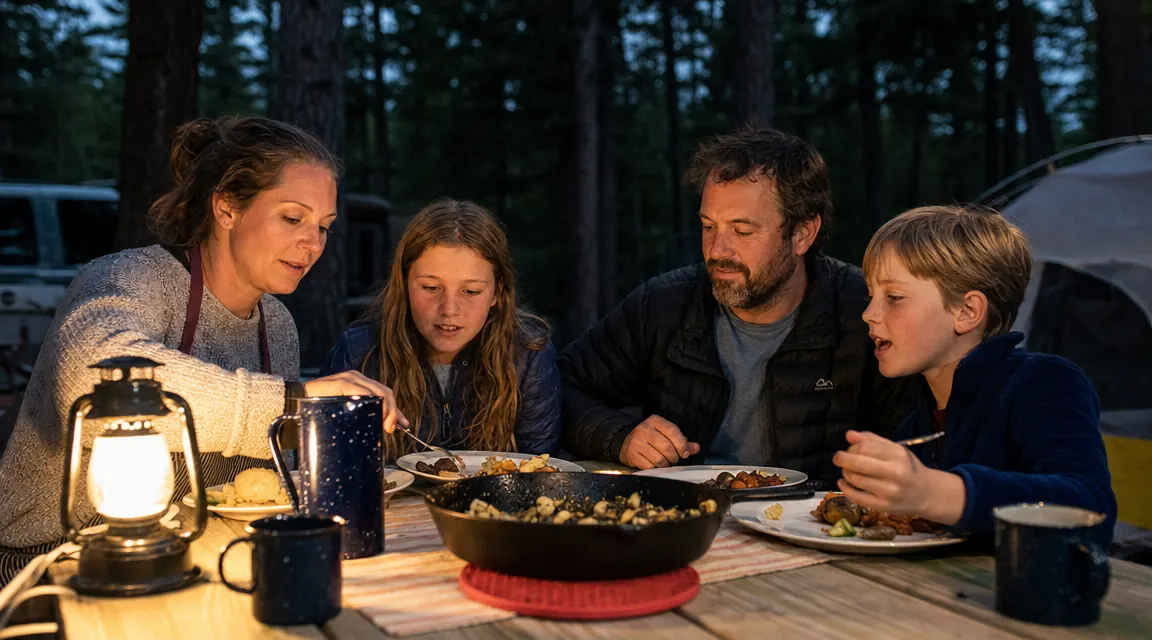 Family of four eating dinner at a campsite picnic table, cast iron skillet in the center of the table