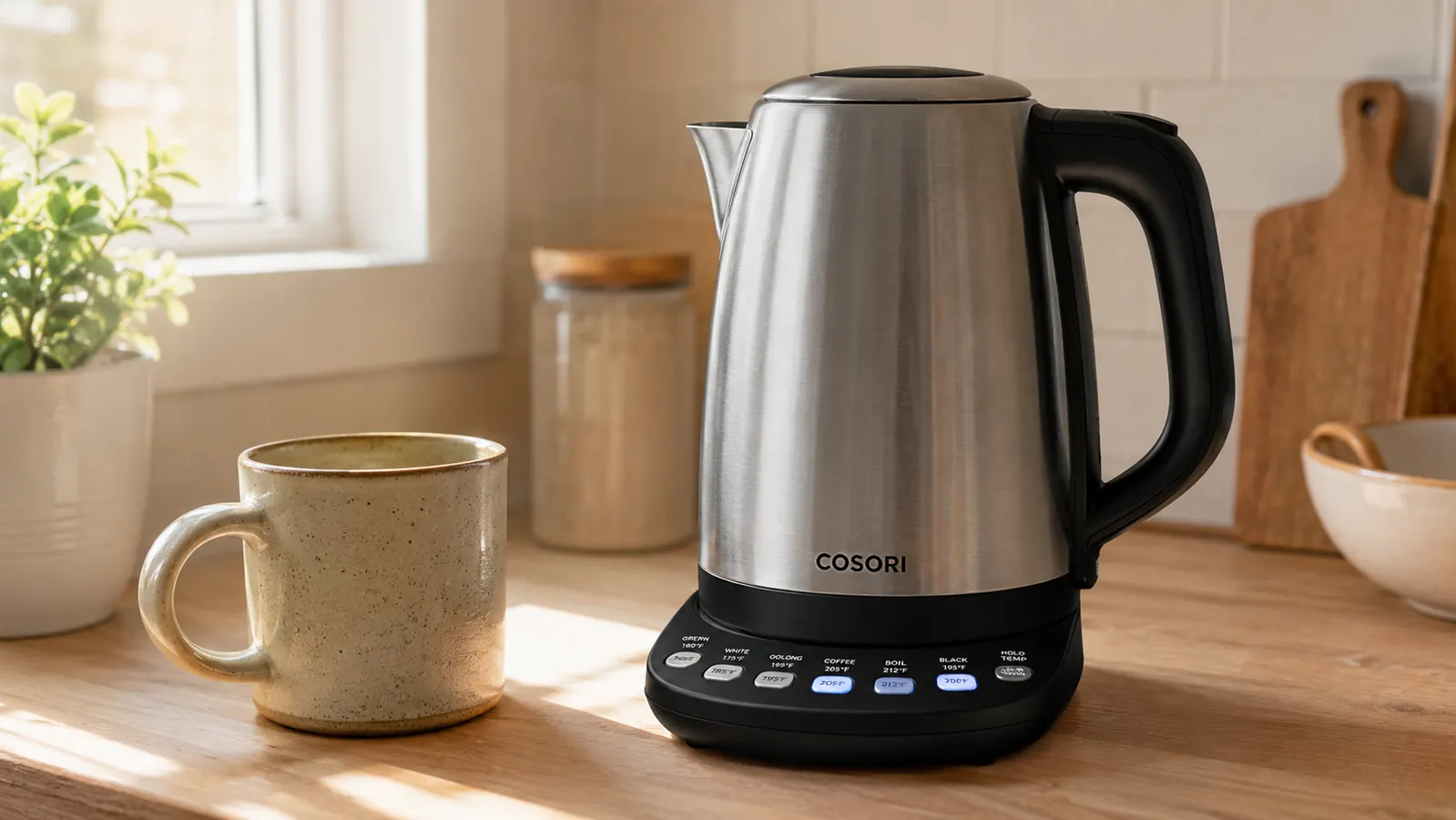 Cosori electric kettle on a kitchen counter with the LED temperature display glowing 175 degrees