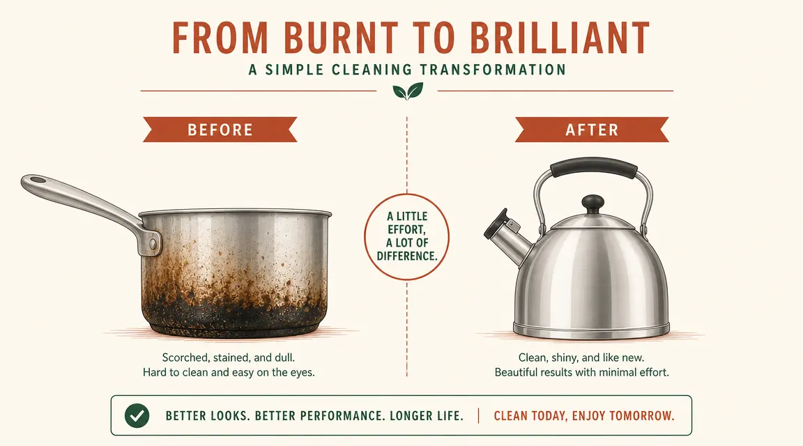 Side-by-side of a stovetop pot with burned ring marks versus a sleek electric kettle on a clean counter