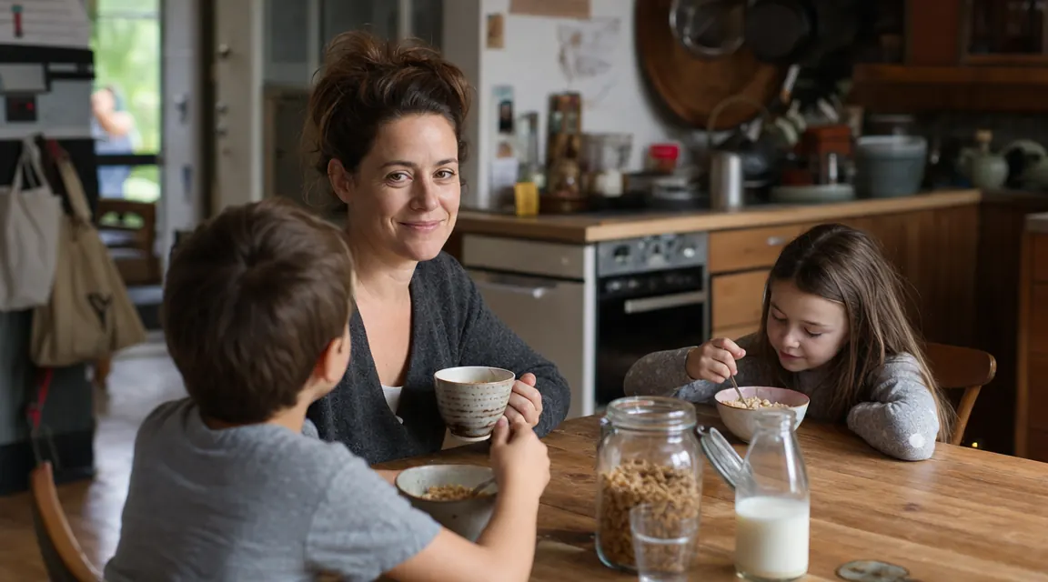 Mom and two kids eating breakfast together at a kitchen table, coffee mug beside her plate, relaxed morning scene