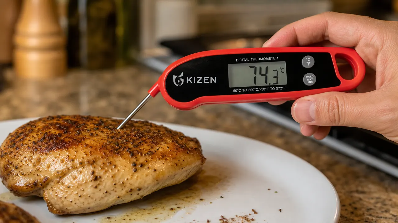Hand pressing a KIZEN instant read thermometer probe into the thickest part of a chicken breast on a cutting board
