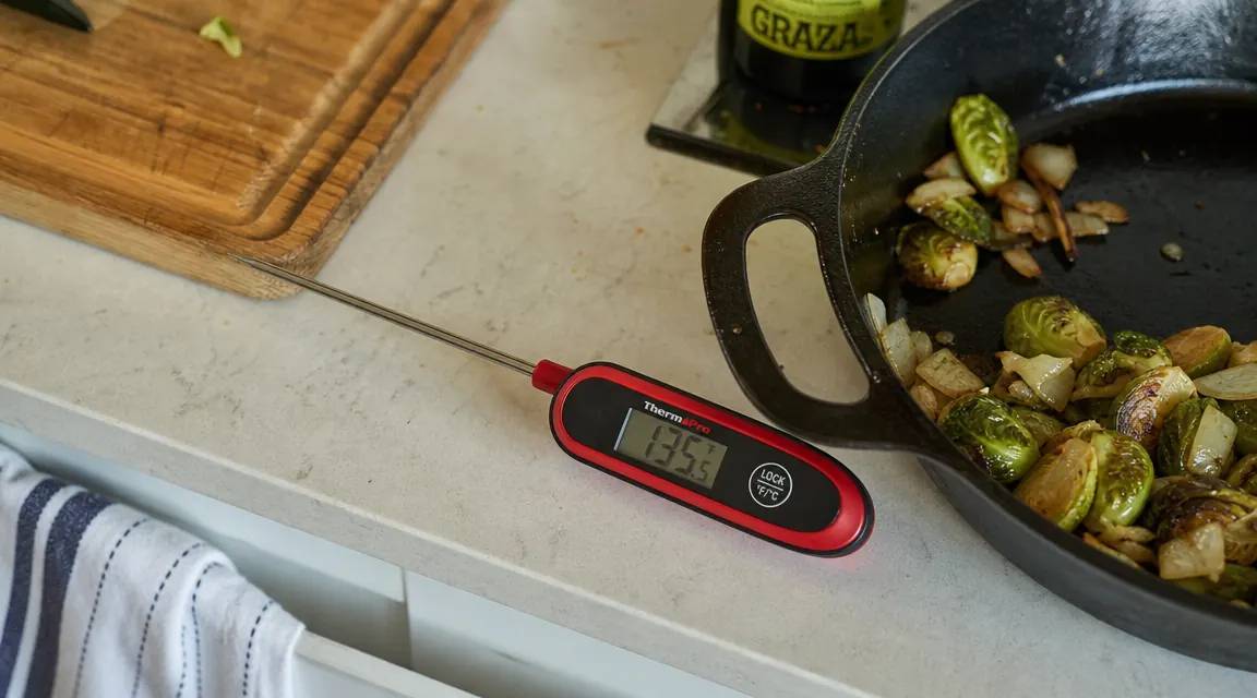 KIZEN instant read thermometer lying on a kitchen counter next to a pan of sauteed vegetables