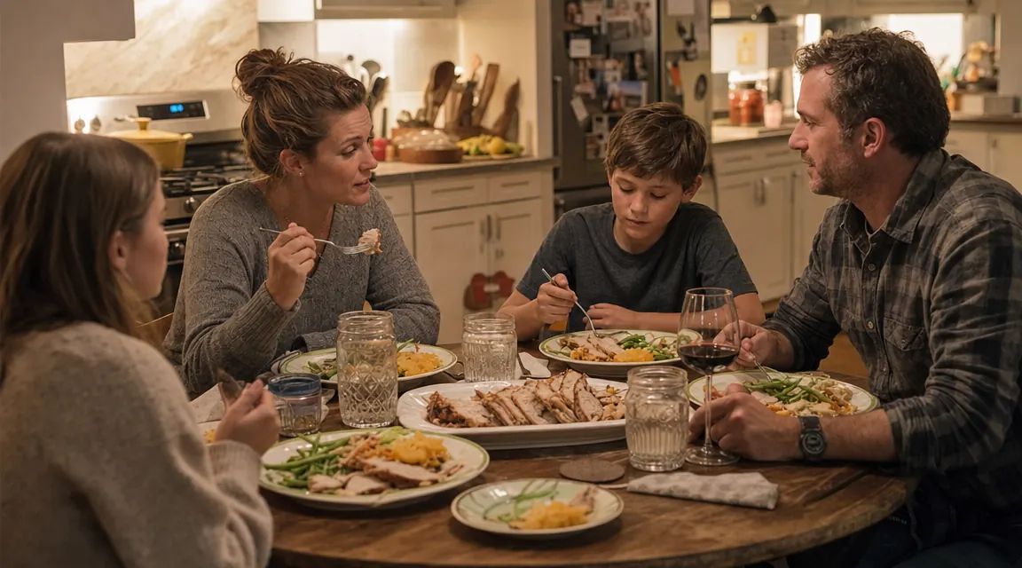 Family sitting down to a weeknight dinner together, a platter of sliced chicken at the center of the table