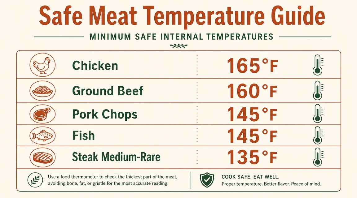 Temperature reference chart showing safe internal temperatures for chicken, beef, pork, and fish
