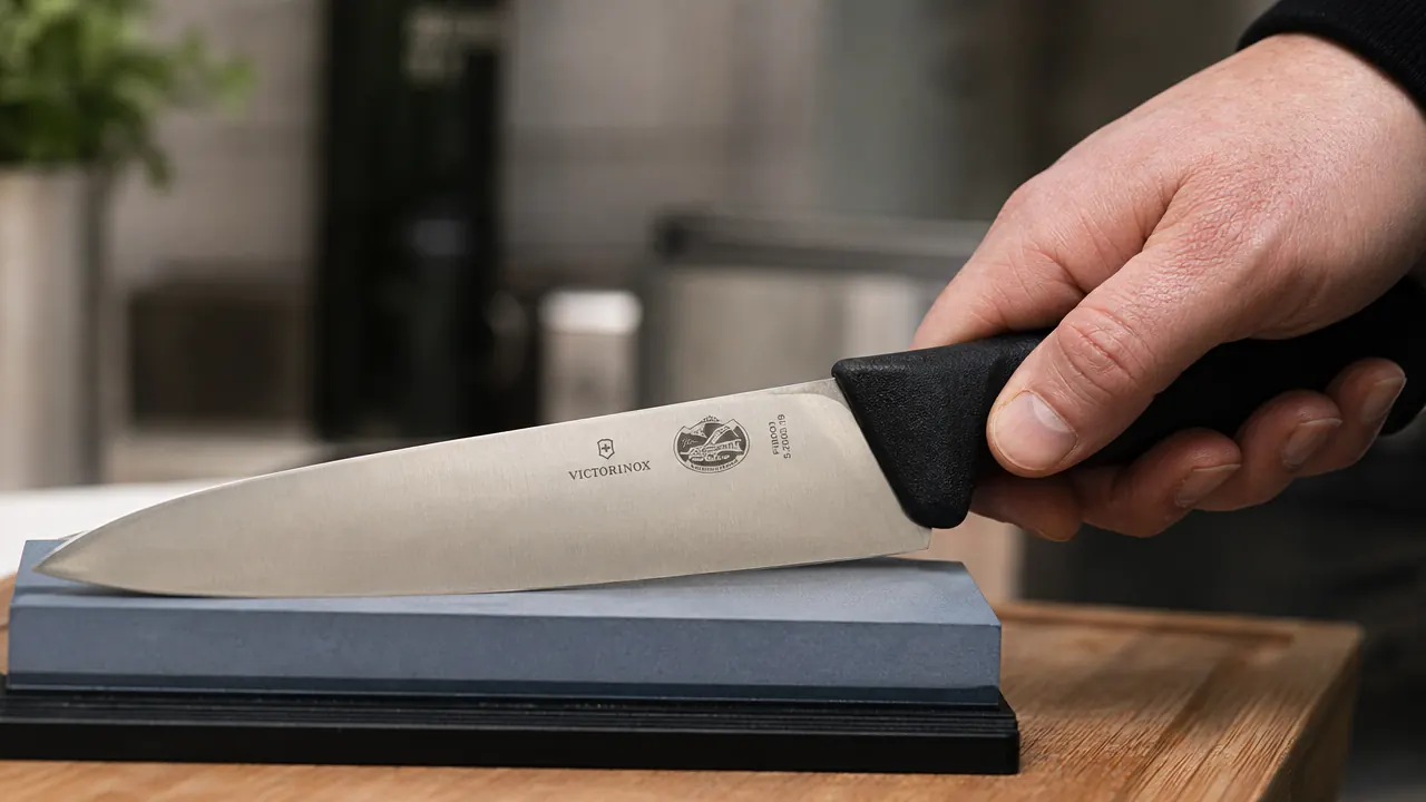 Hand holding the Victorinox Fibrox Pro knife at a 15-degree angle against a honing rod