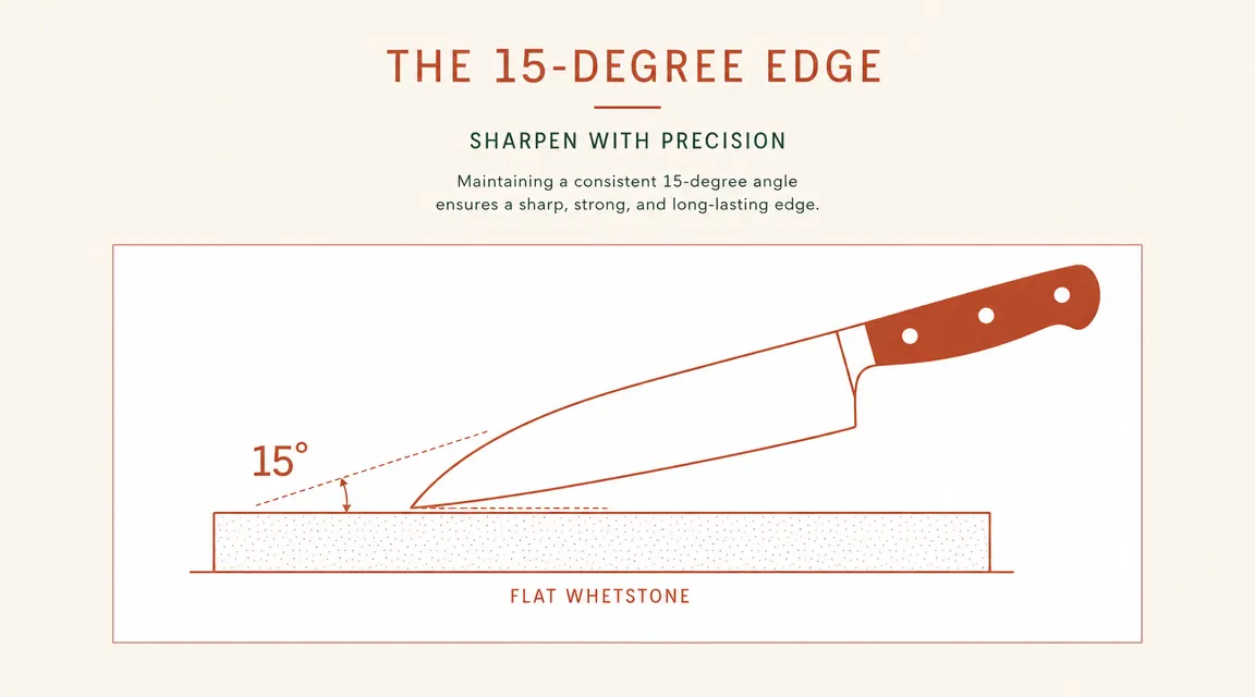 Diagram showing correct blade angle of 15 degrees against a sharpening stone