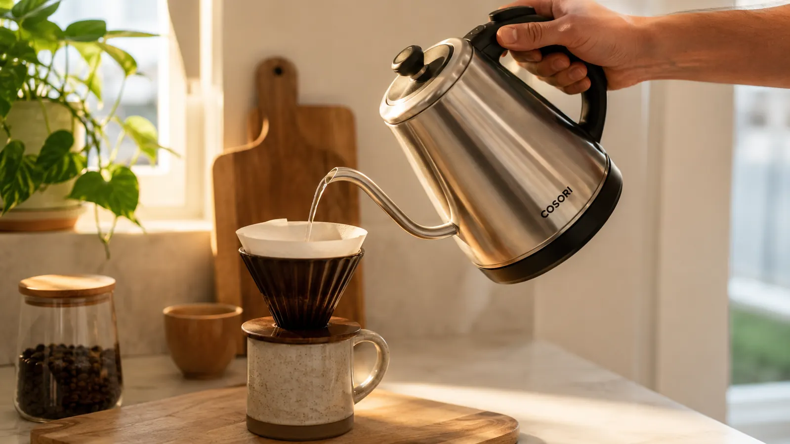 Cosori electric kettle being used to pour hot water in a slow circular motion over coffee grounds in a pour-over dripper