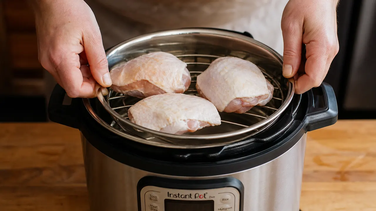 Hands lowering a trivet with a chicken breast into an open Instant Pot Duo inner pot with broth already inside