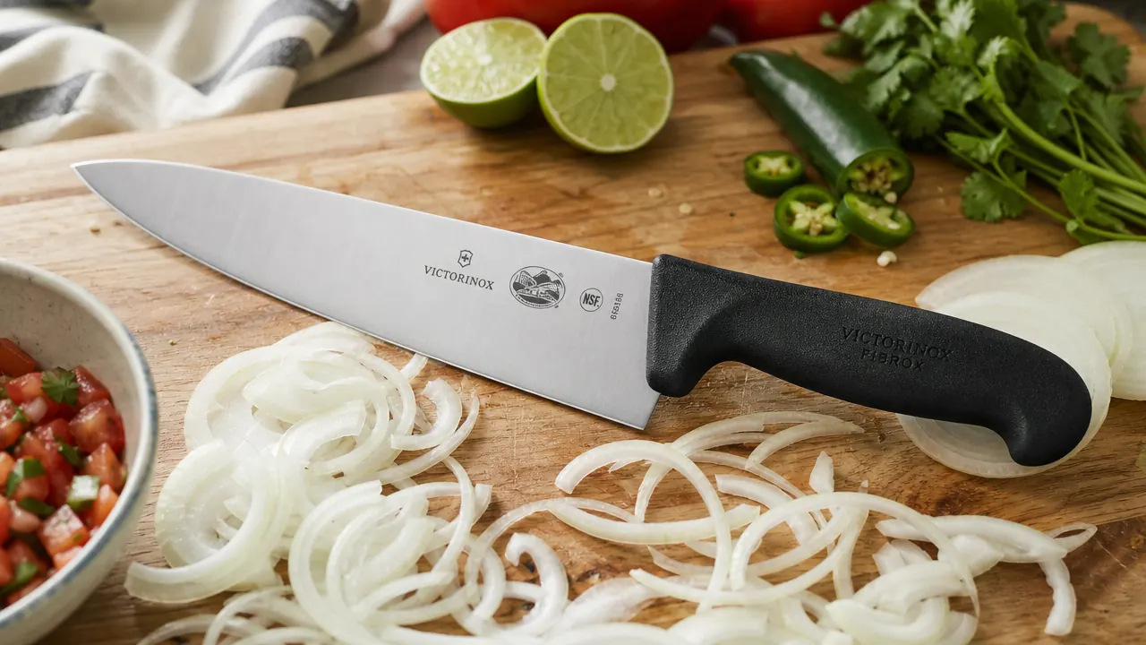 Close-up of the Victorinox Fibrox Pro chef knife resting on a cutting board next to a pile of sliced carrots