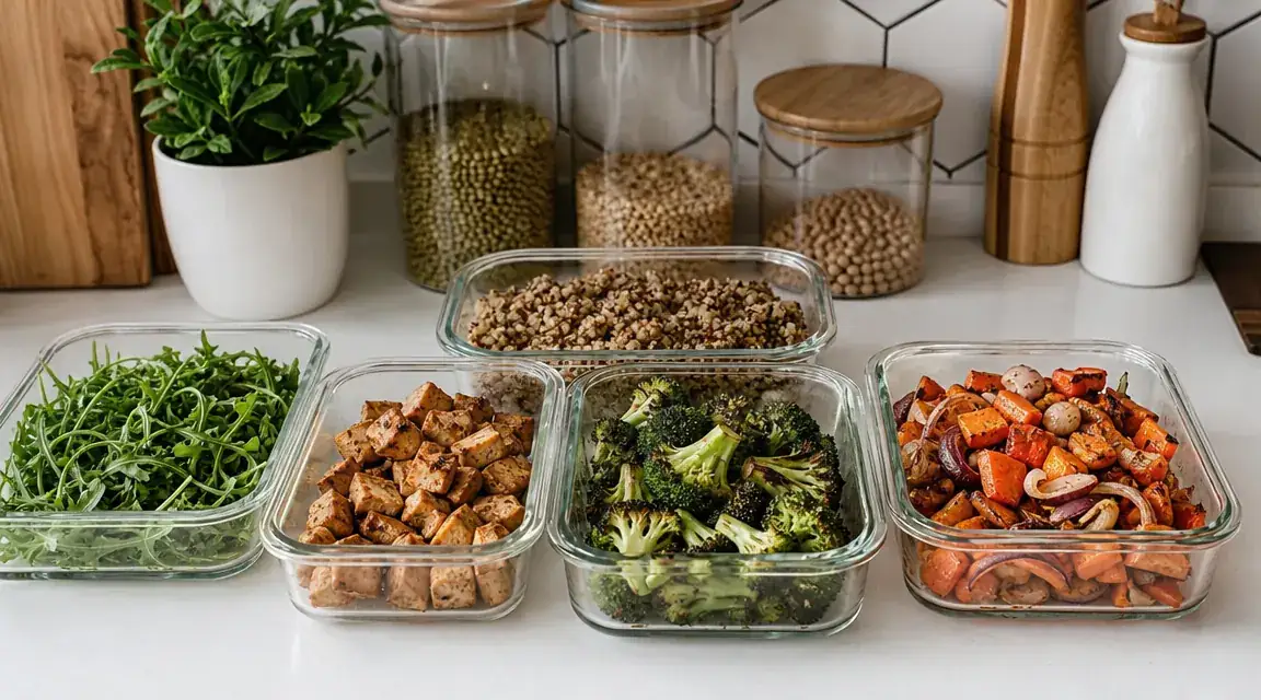 Glass meal prep containers lined up on a kitchen counter, filled with chopped vegetables, cooked grains, and sliced chicken