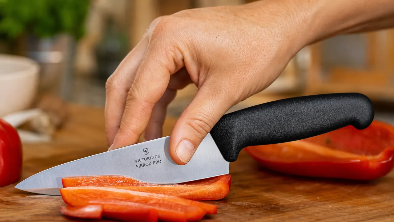A hand holding the Victorinox Fibrox knife by its black textured handle over a cutting board