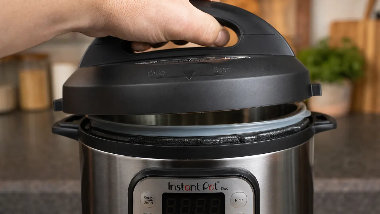 Close-up of a hand placing the Instant Pot lid on the pot, sealing ring visible inside the lid
