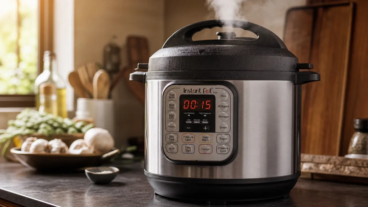 Steam releasing from the Instant Pot valve during pressure release, kitchen counter setting