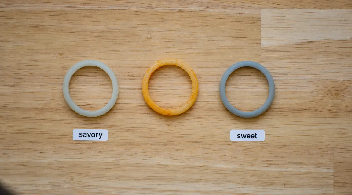 Three silicone sealing rings side by side showing color coding, one stained orange from tomato sauce