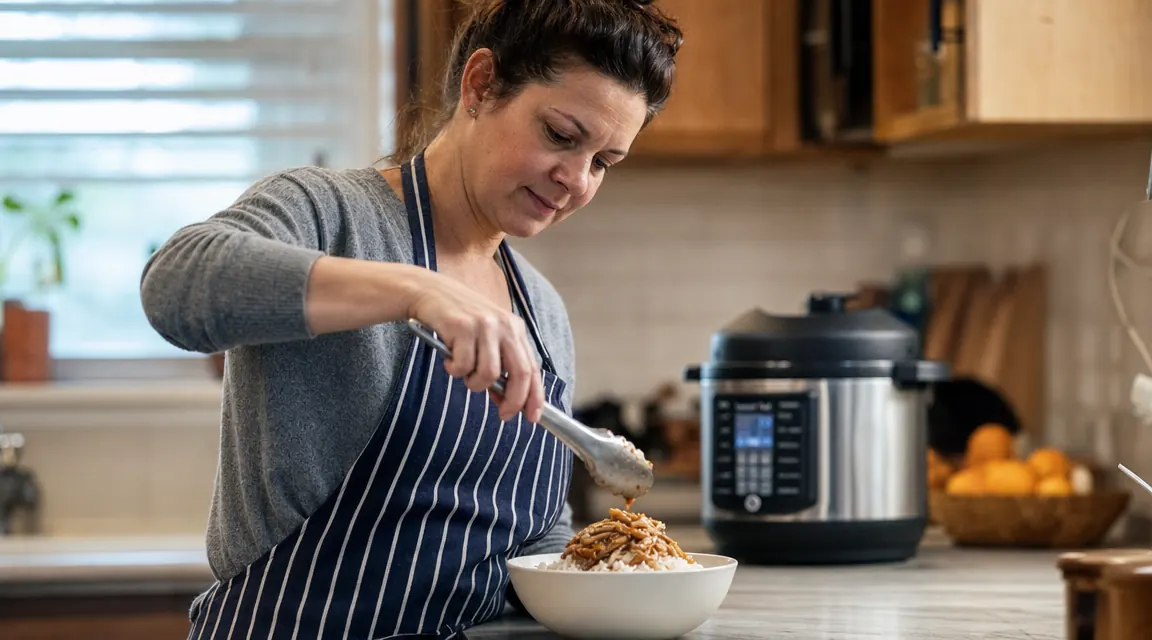 Bowl of pulled chicken and rice plated simply, Instant Pot visible in the background