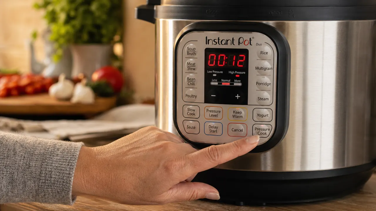 Hand pressing the pressure cook button on an Instant Pot Duo control panel