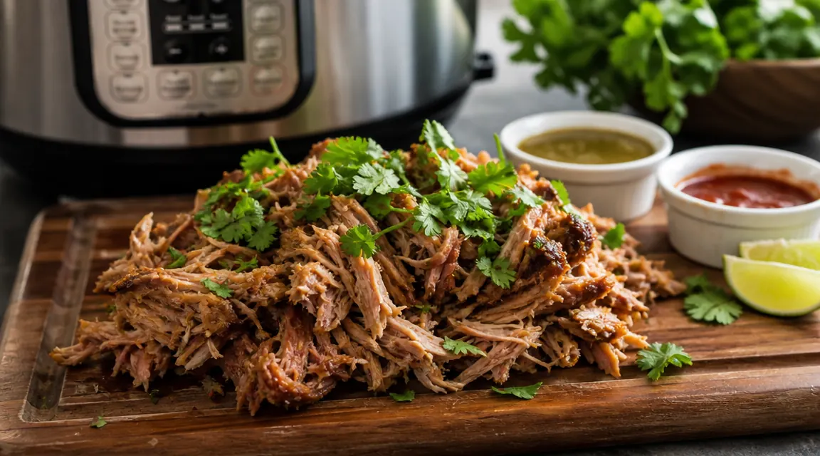 Family bowl of pulled pork on a wooden cutting board next to the Instant Pot
