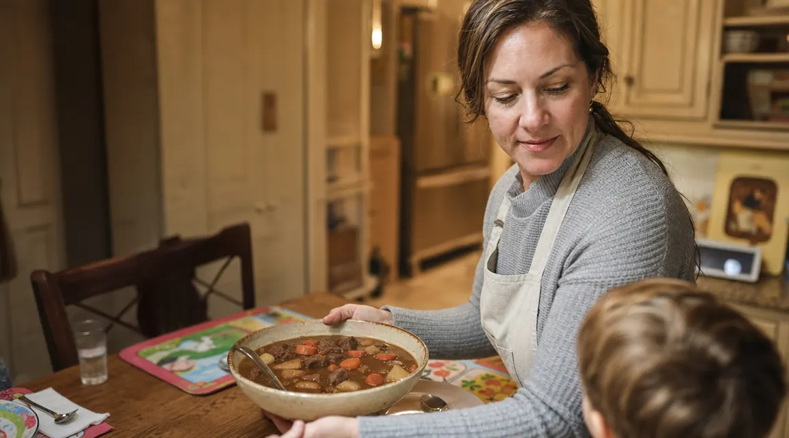 Bowl of hearty beef stew with thick broth, served at a family dinner table