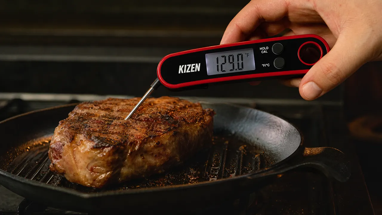 Hand holding KIZEN thermometer and inserting probe into a thick pork chop on a cast iron skillet