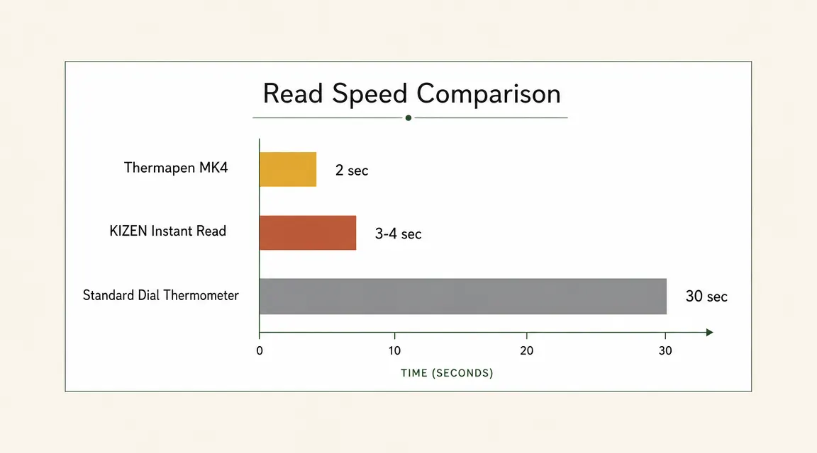 Side-by-side speed comparison chart showing KIZEN at 3-4 seconds versus Thermapen at 2 seconds and a dial thermometer at 30 seconds