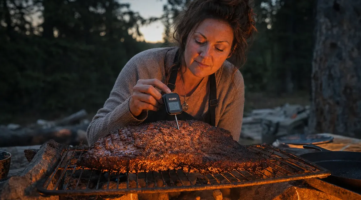 KIZEN thermometer probe inserted into a brisket on a campfire grill grate at dusk