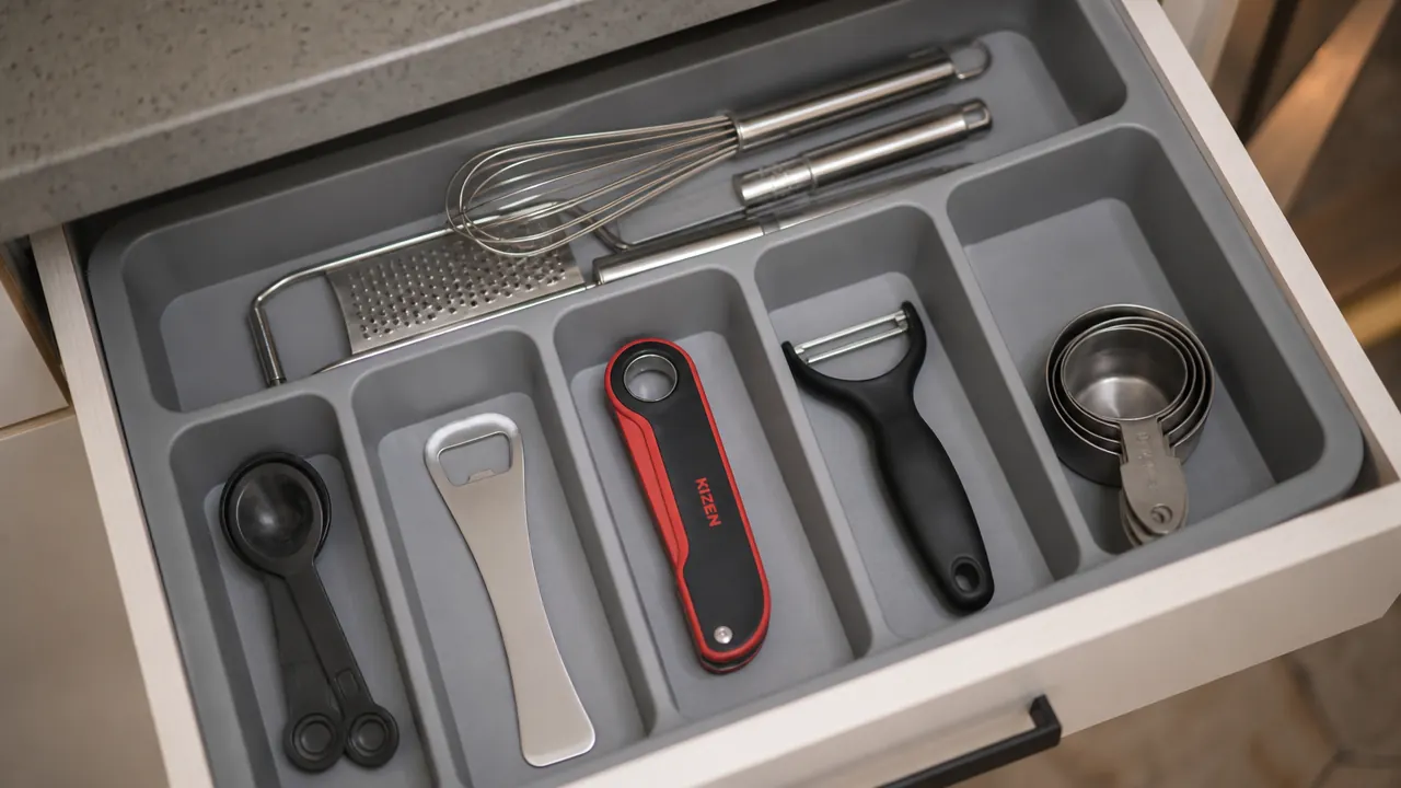 Open kitchen drawer showing KIZEN thermometer stored with battery compartment labeled, beside an AA battery