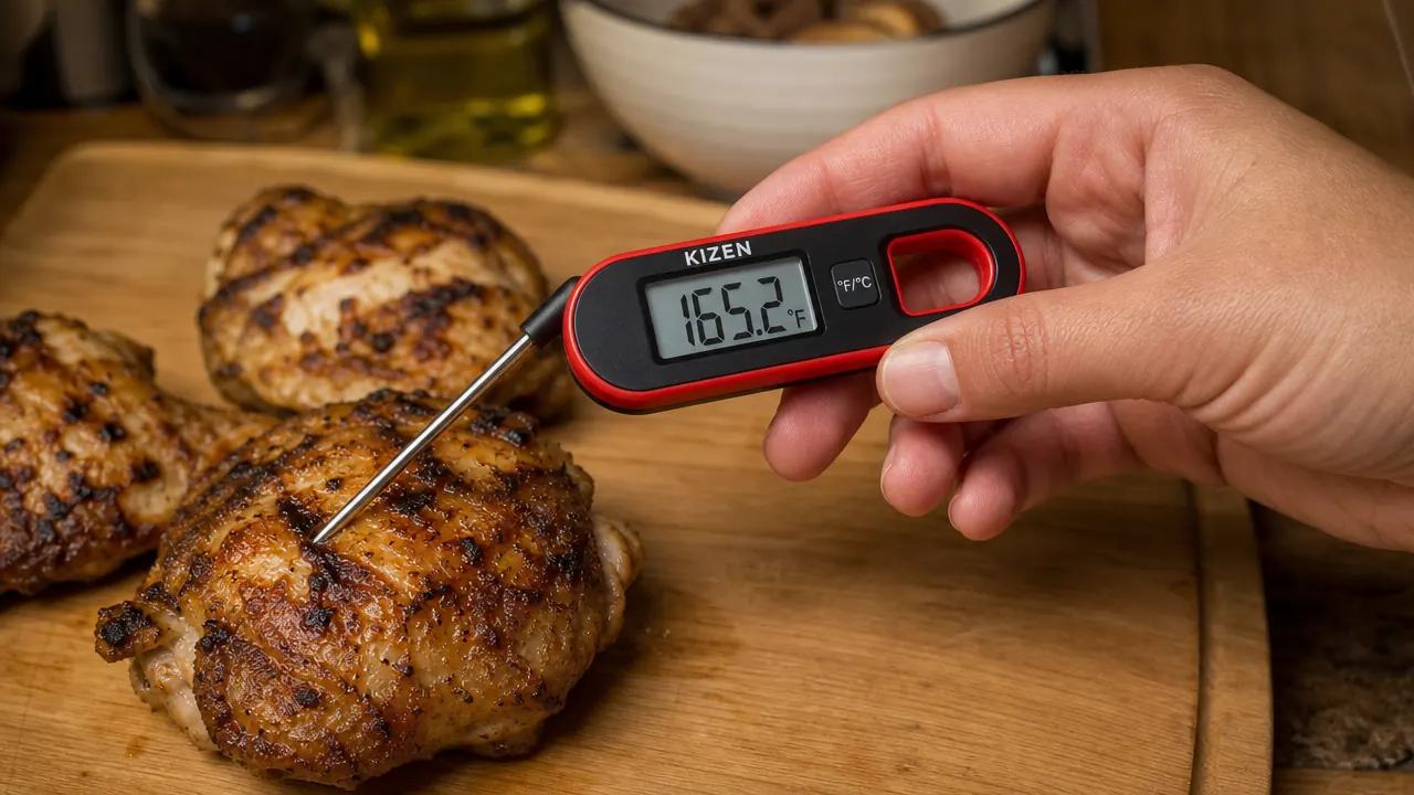 Hand holding the KIZEN thermometer over a cast iron skillet with a sizzling pork chop