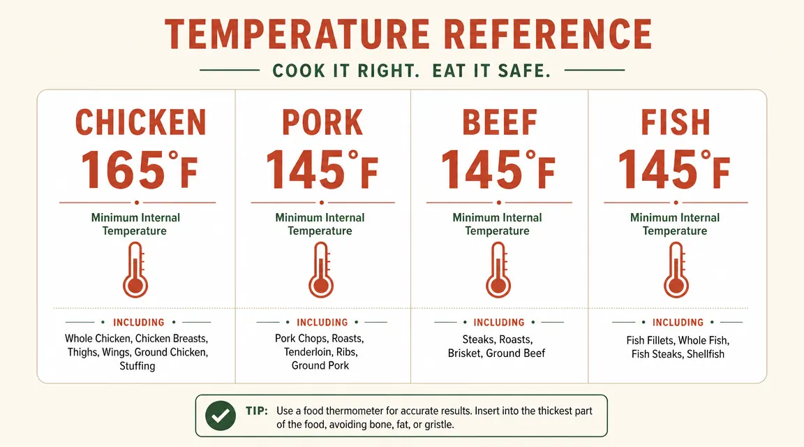 Chart showing target internal temperatures for chicken, pork, beef, and fish side by side