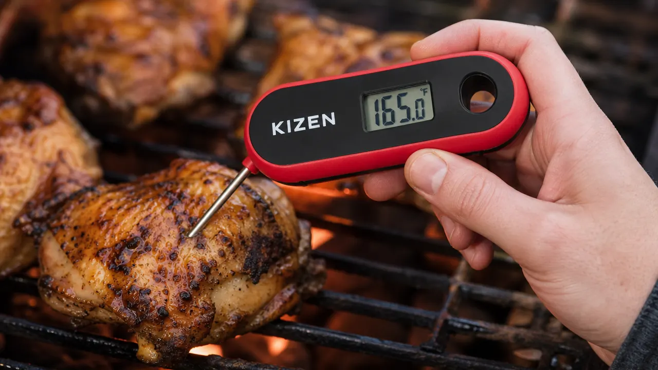 Hand holding a KIZEN thermometer while checking the internal temperature of a chicken breast on a sheet pan