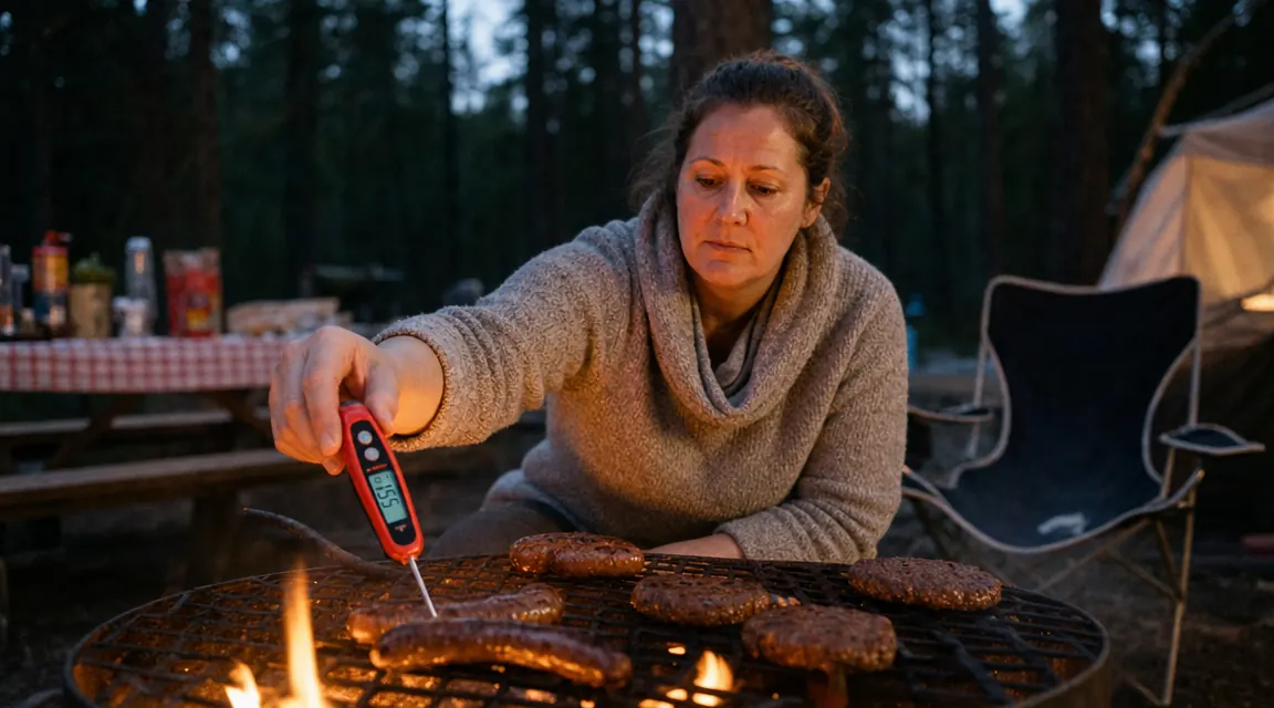 Instant read thermometer probing a sausage over glowing campfire coals at dusk