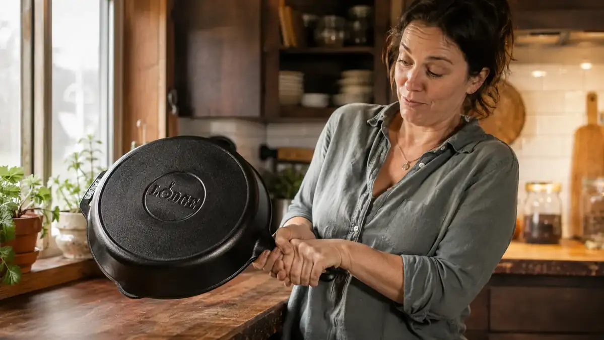 Woman lifting a heavy cast iron skillet with both hands over a kitchen sink, strain visible on her face