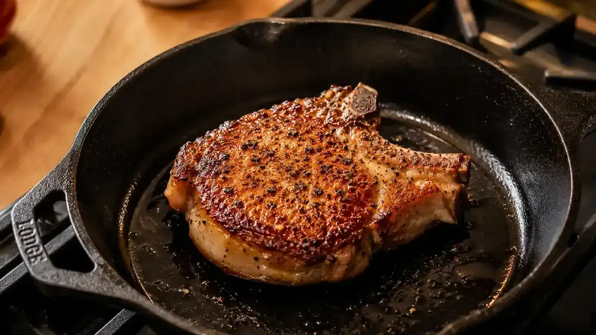 Cast iron skillet with a perfectly seared pork chop resting in it on a stovetop, golden-brown crust, home kitchen background